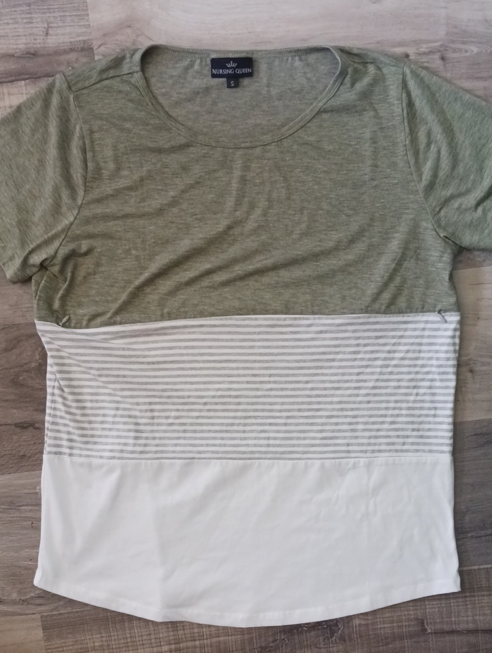 Nursing Queen Cotton Olive Green and White Zip Nursing Tee with Striped Panel